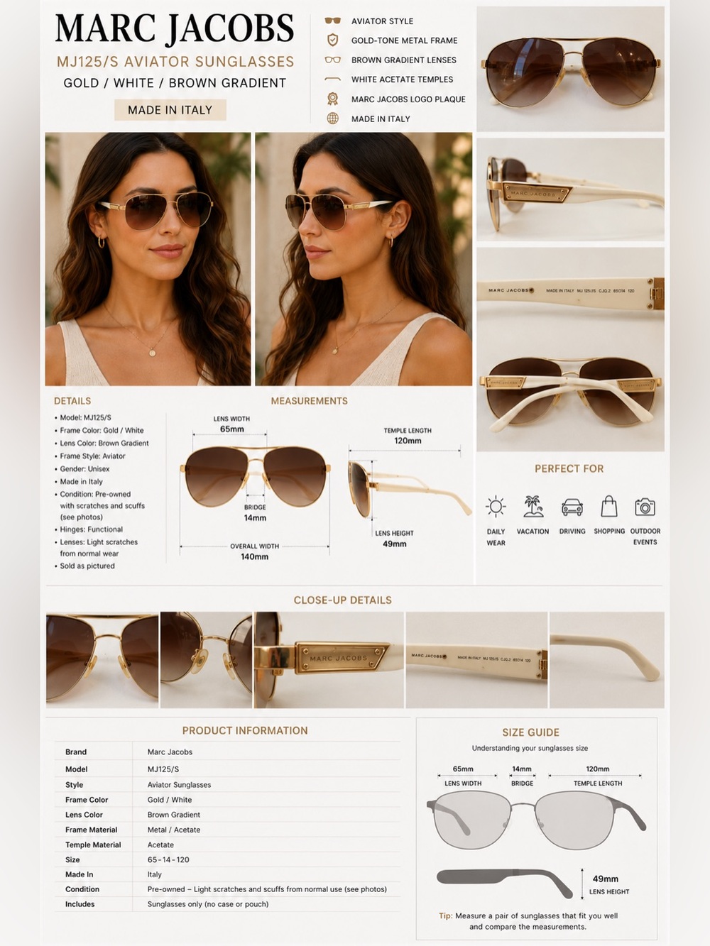 Marc Jacobs MJ125/S Aviator Sunglasses 65-14-120 Gold White Brown Gradient Lense
